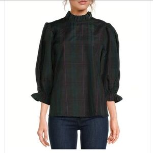 J. Marie Katrina Ruffle Mock Neck Back Bow Tie Long Sleeve Top Tartan Plaid
